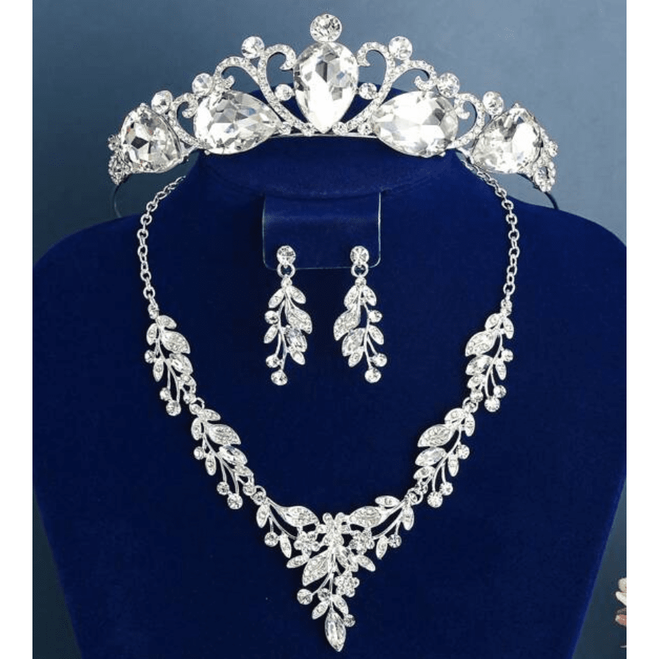 SIlver Diamond Tiara, Necklace and Earring Set