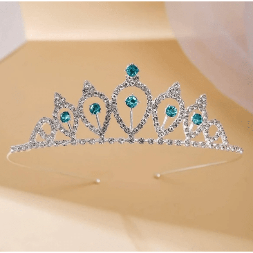 Silver Princess Tiara with Turquoise Rhinestone Accents