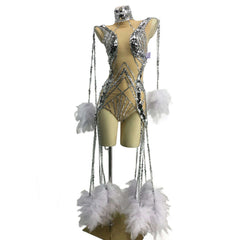 Sparkling Sequined White Feather Carnival Bodysuit