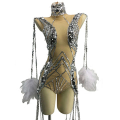 Sparkling Sequined White Feather Carnival Bodysuit