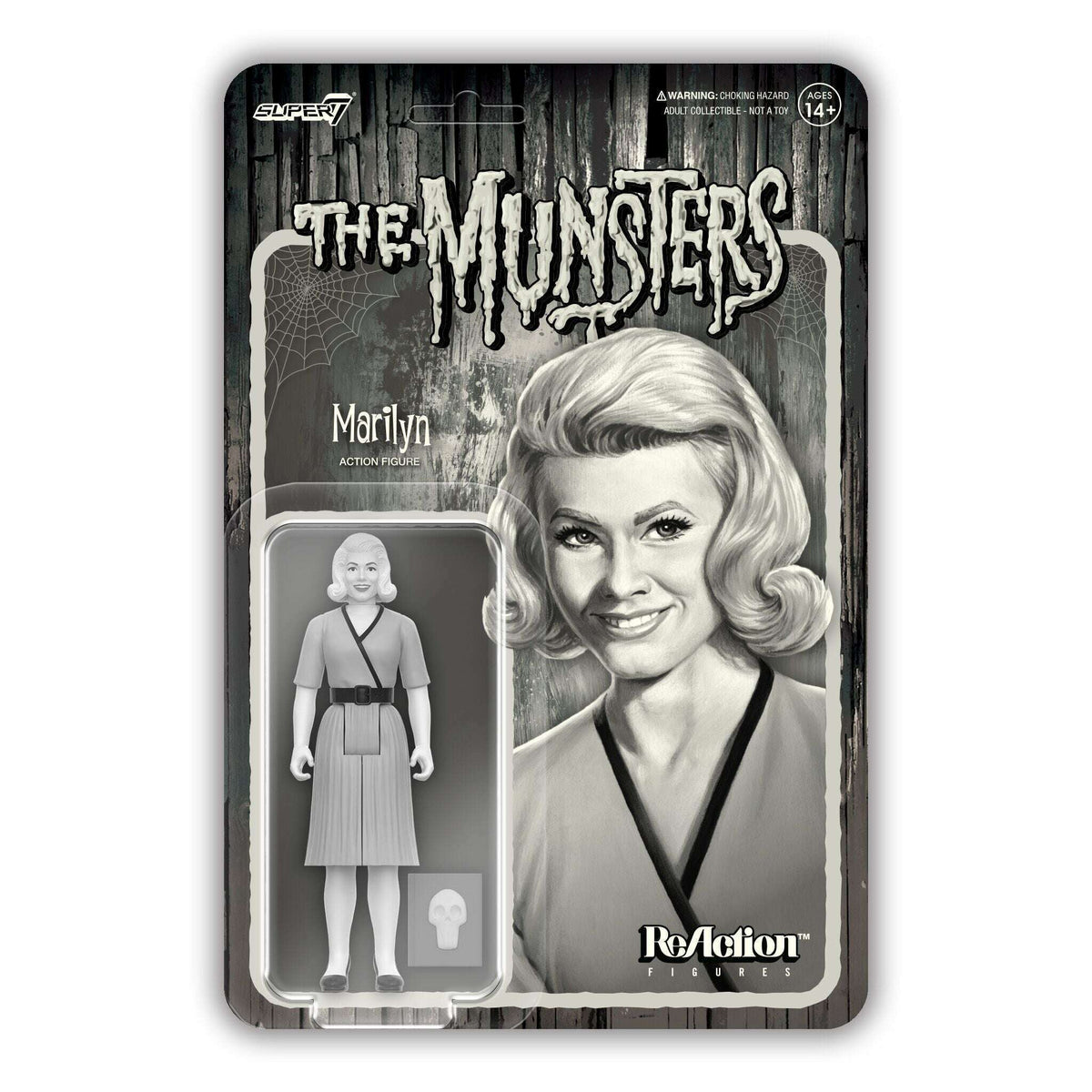 The Munsters: Greyscale 3.75" Marilyn Munster Greyscale Reaction Collectible Action Figure & Skull Book