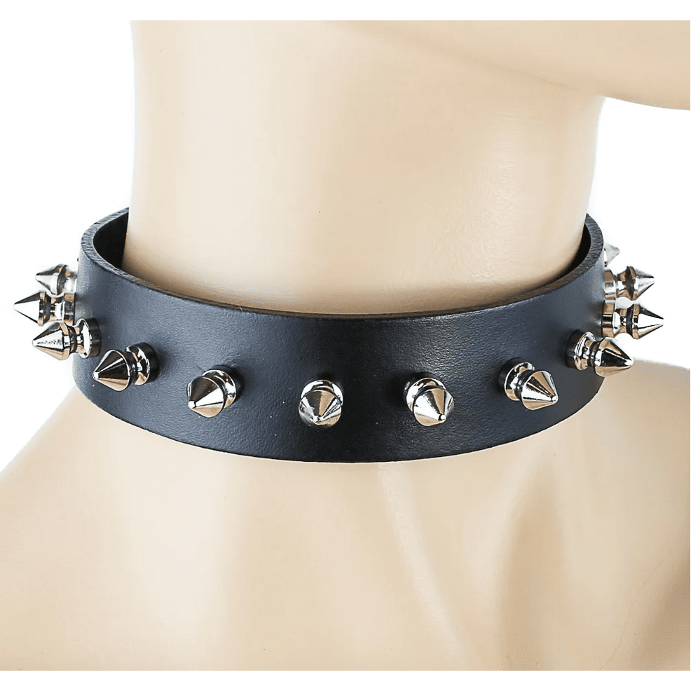 Tree Spiked Black Leather Choker