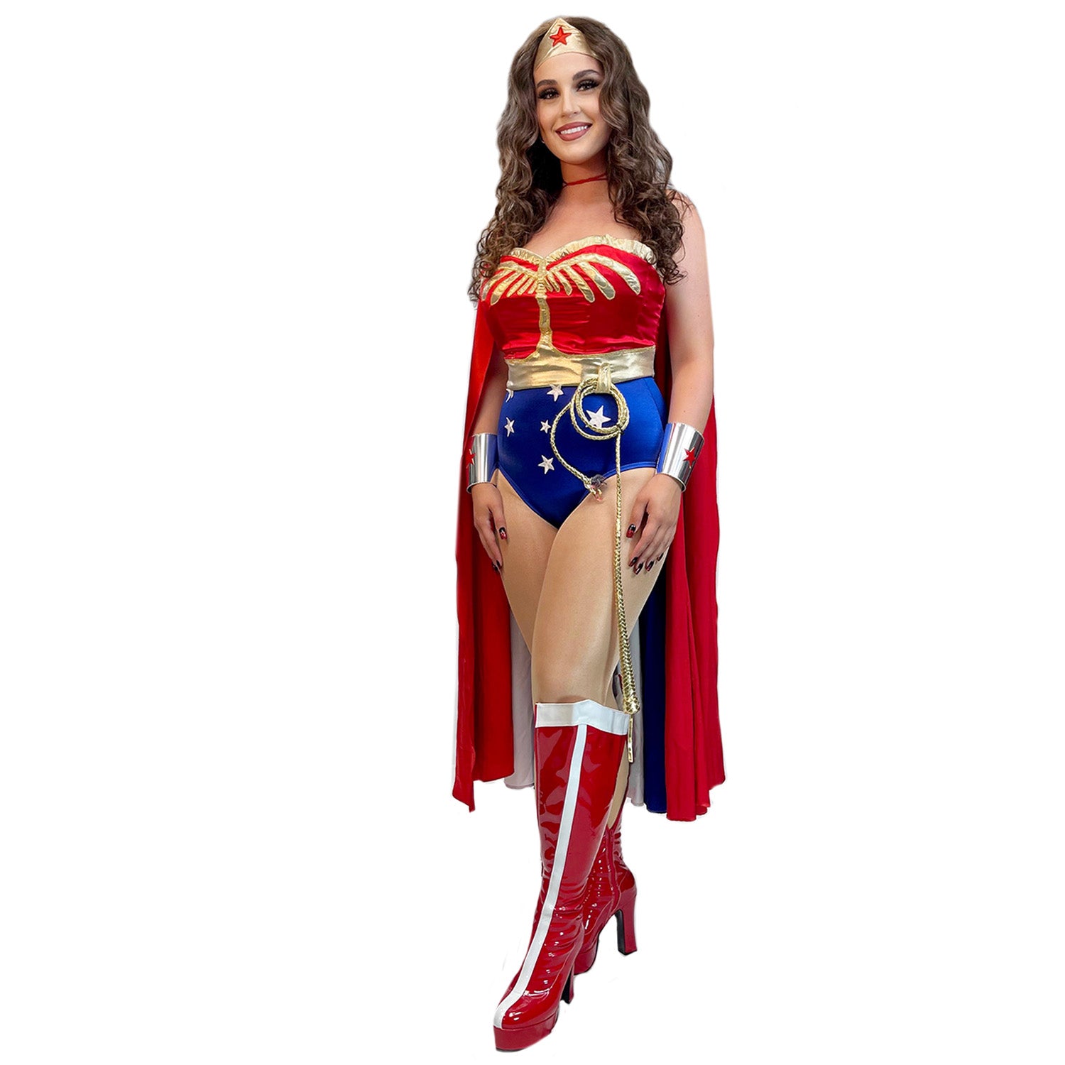 Wonder Woman Inspired Costume w/ Cape, Gold Crown, Lasso, and Cuffs