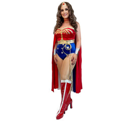 Wonder Woman Inspired Adult Costume w/ Cape, Gold Crown, Lasso, and Cuffs