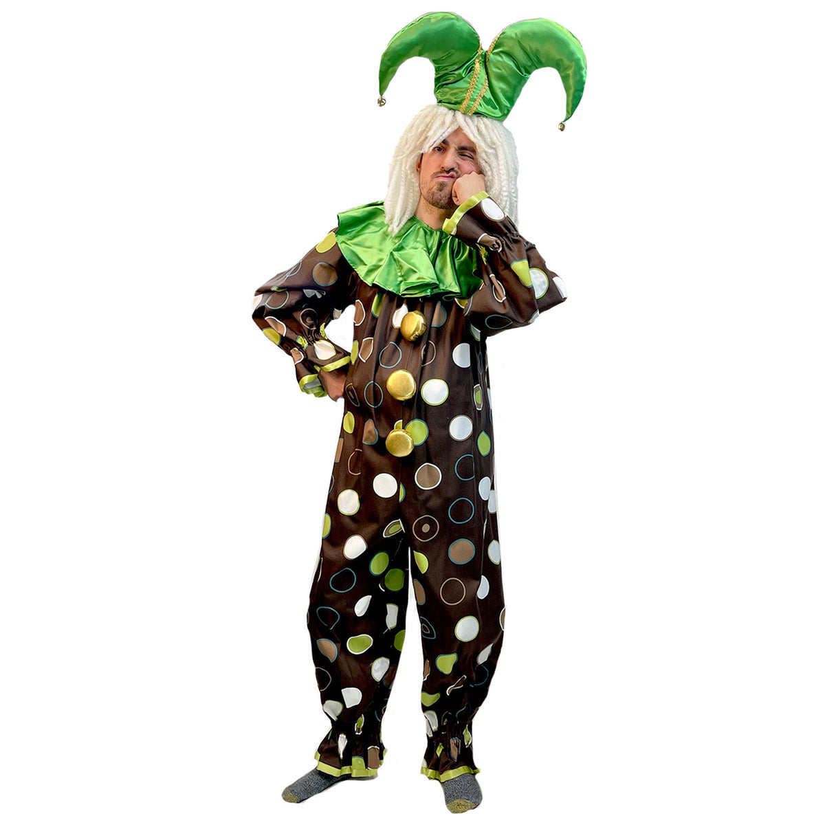 Brown and Green Polka Dot Clown Costume w/ Ruffle Collar and Jester Clown Hat