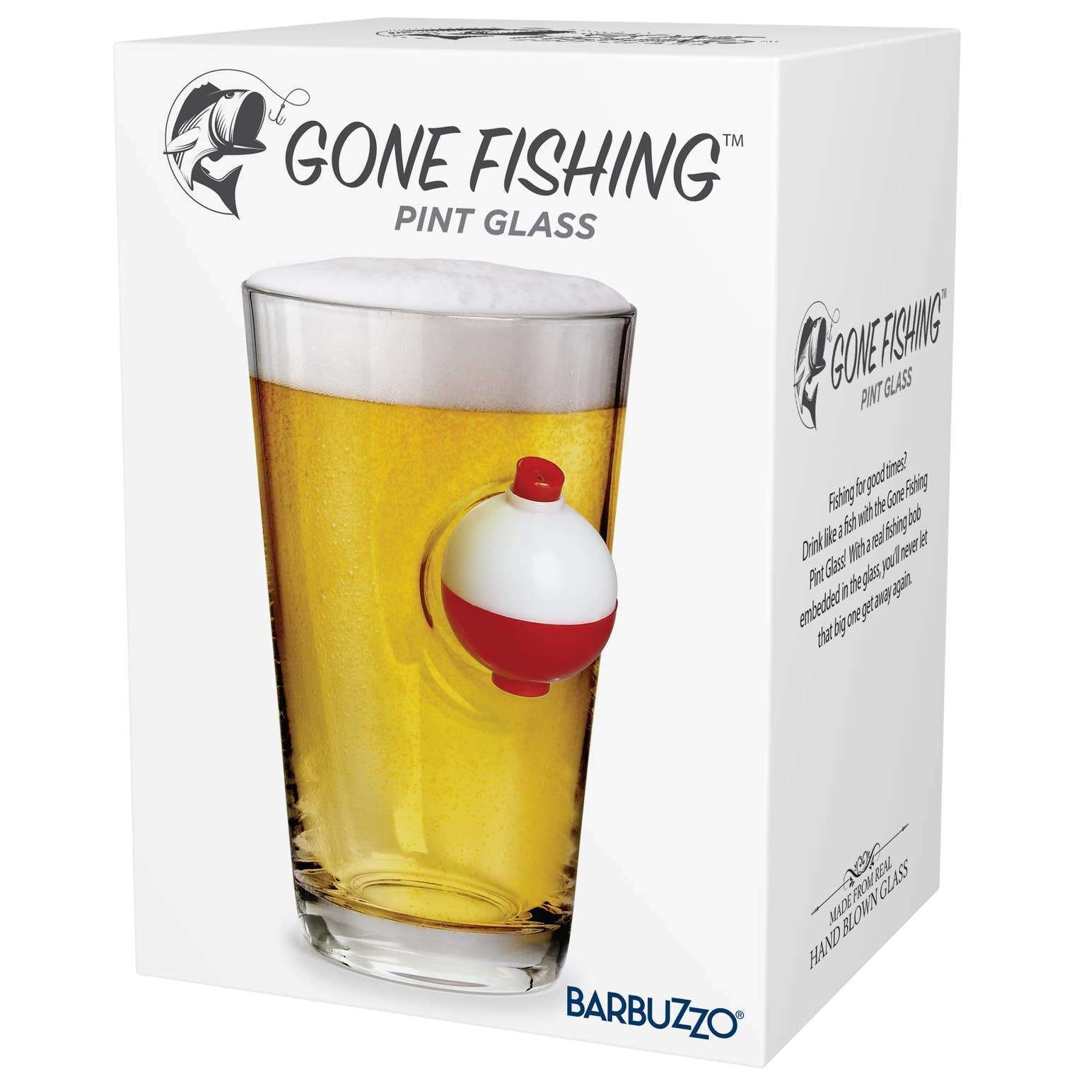 Gone Fishing Pint Glass (16 Oz Beer Glass with Fishing Bob)