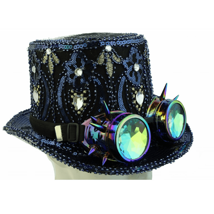 Burning Man Peacock Blue Sequin Top Hat w/ Spiked Goggles