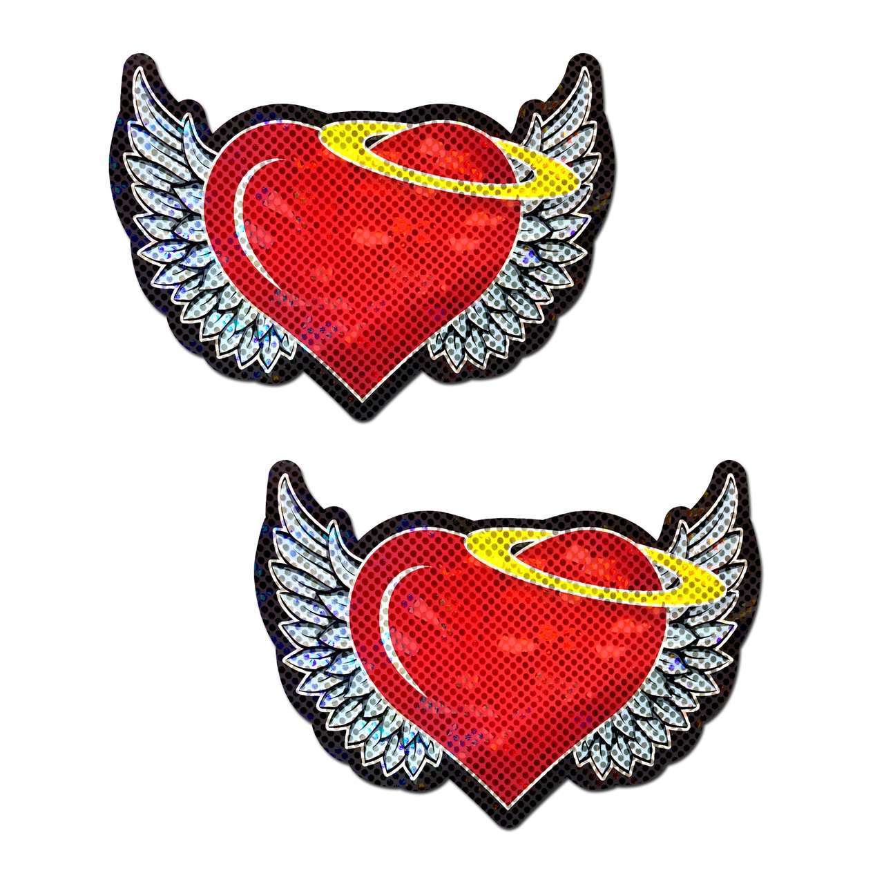 Red Glitter Hearts with Wings & Gold Halo Nipple Pasties