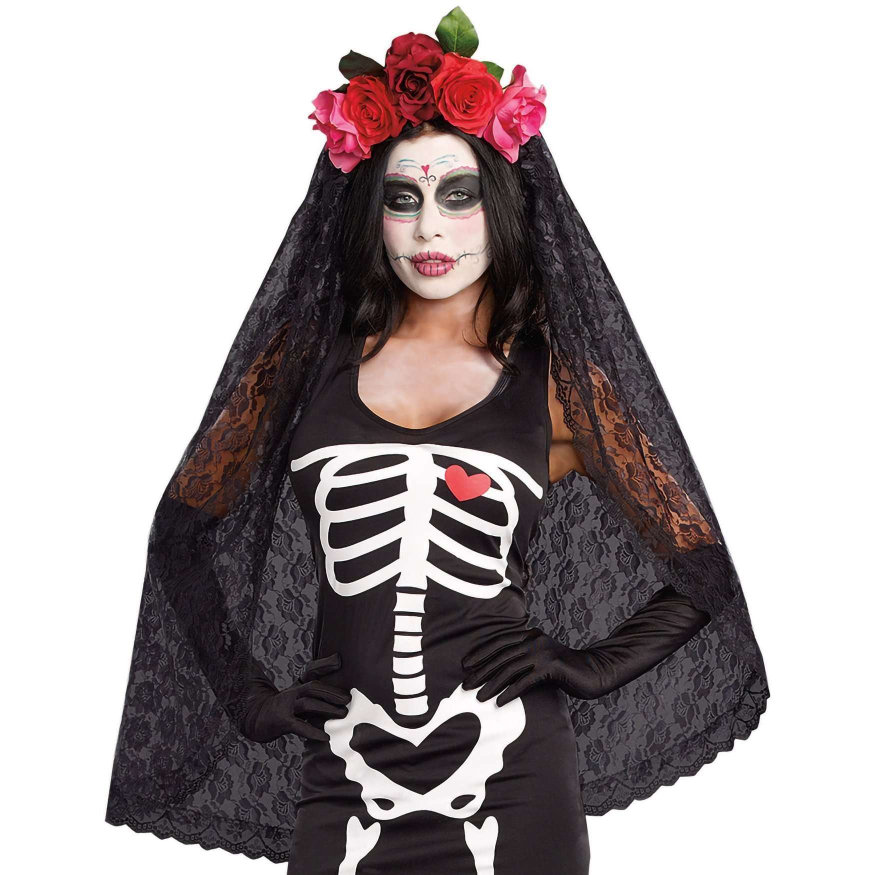 Day of The Dead Headpiece with Floral and Black Lace Detail
