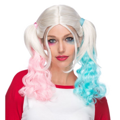 Harley Inspired Curled Pink and Blue Pigtail Wig