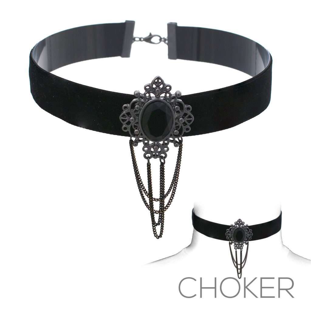 Gothic Chained Brooch Velvet Choker