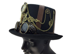 Premium Black Steampunk Hat w/ Attached Goggles, Gears, Chains, and Pocket Watch