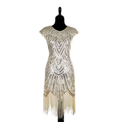 Dazzling Beige and Silver Fringed Beaded Flapper Dress