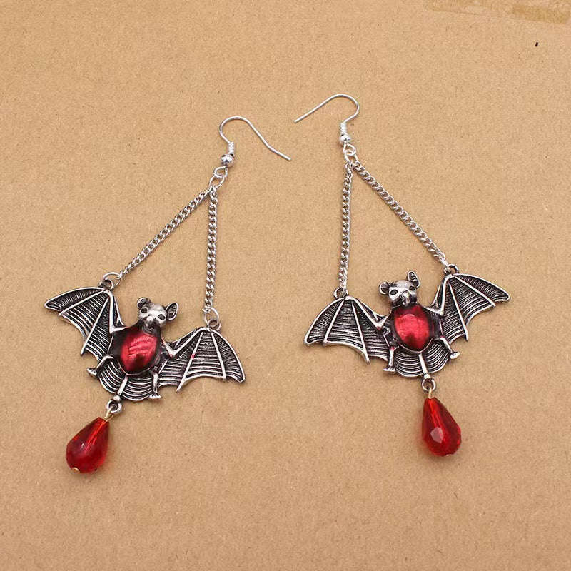 Bat Dangle Earrings with Red Gem