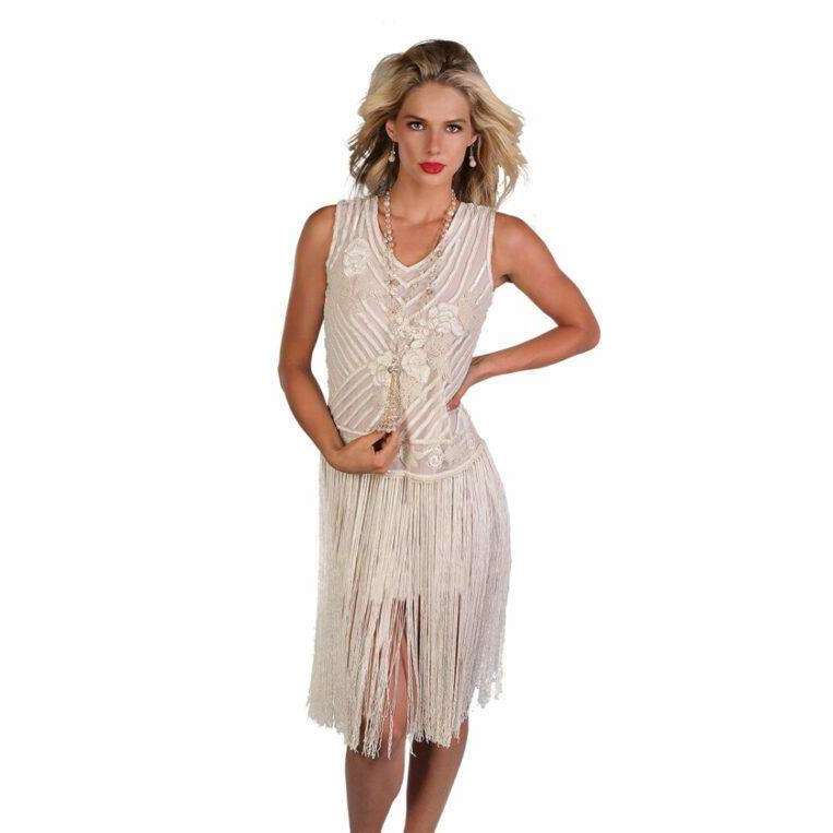White Flapper Dress with Long Fringes