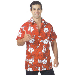 Red Hawaiian Button Down Unisex Shirt w/ White Accents