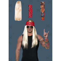 Metal Rocker Accessory Kit w/ Red Headband , Wig & Tattoo Arm Sleeve