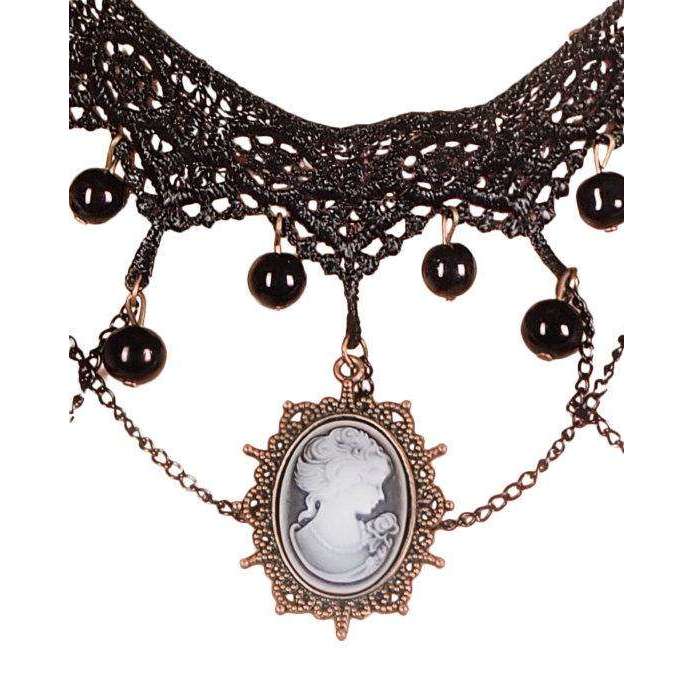 Black Thick Lace Choker with Cameo Pendant
