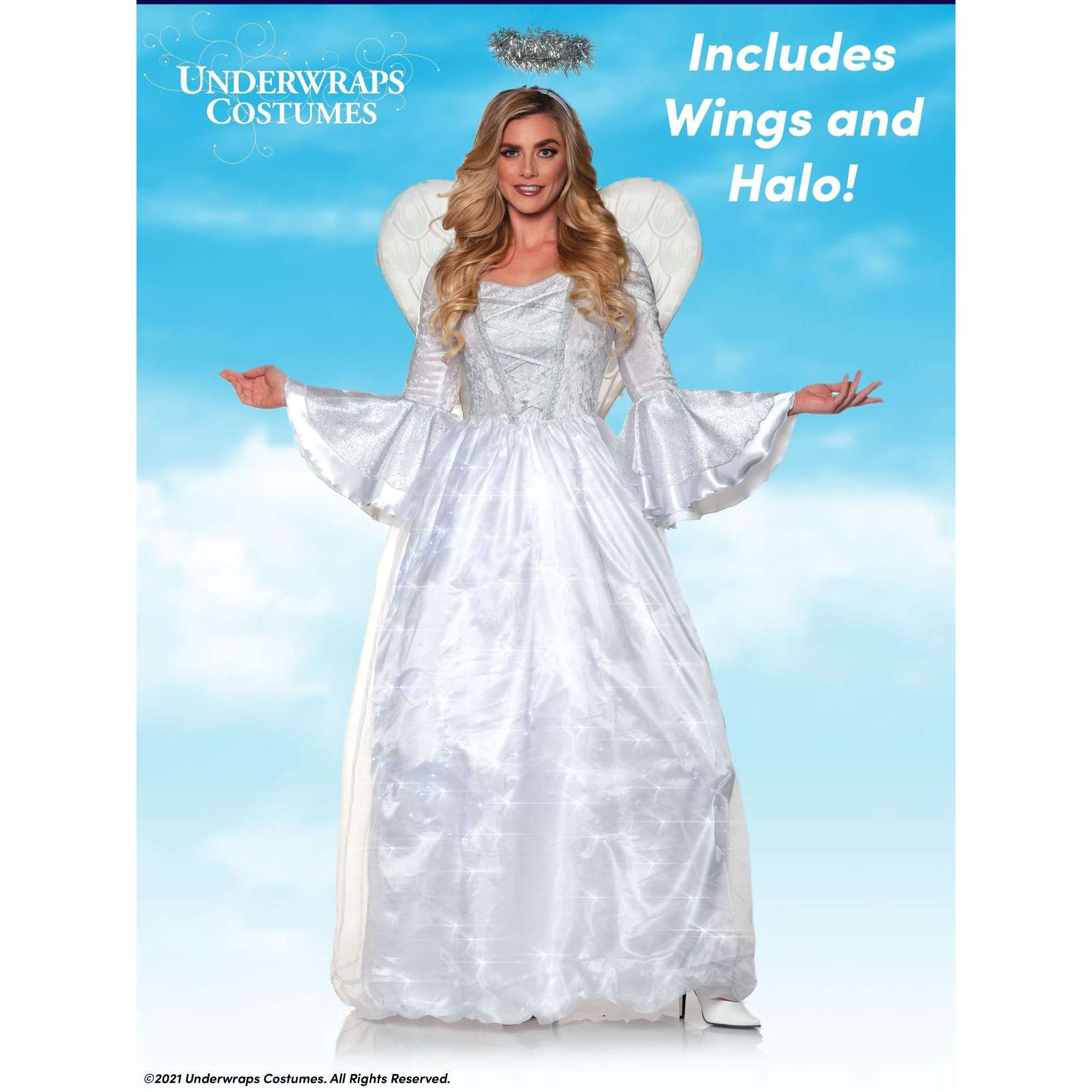 Heavenly White Angel Light Up Dress Women's Adult Costume w/ Wings & H