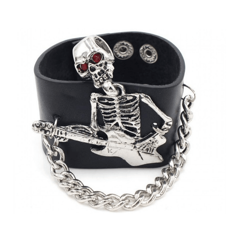 Leather Chain Bracelet with Skeleton and Guitar
