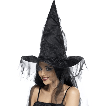 Classic Black Witch Hat w/ Netted Veil