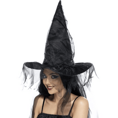 Classic Black Witch Hat w/ Netted Veil
