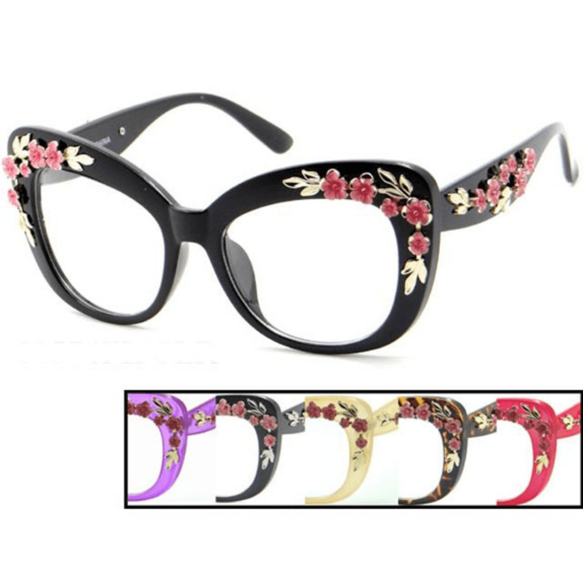 Clear Lens Large Frame Glasses With Flower Embellishments