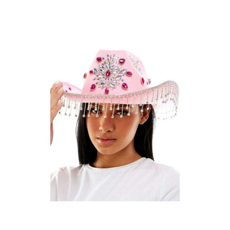 Seed Bead Bag Strap - Pink Strap White Cowboy Hat