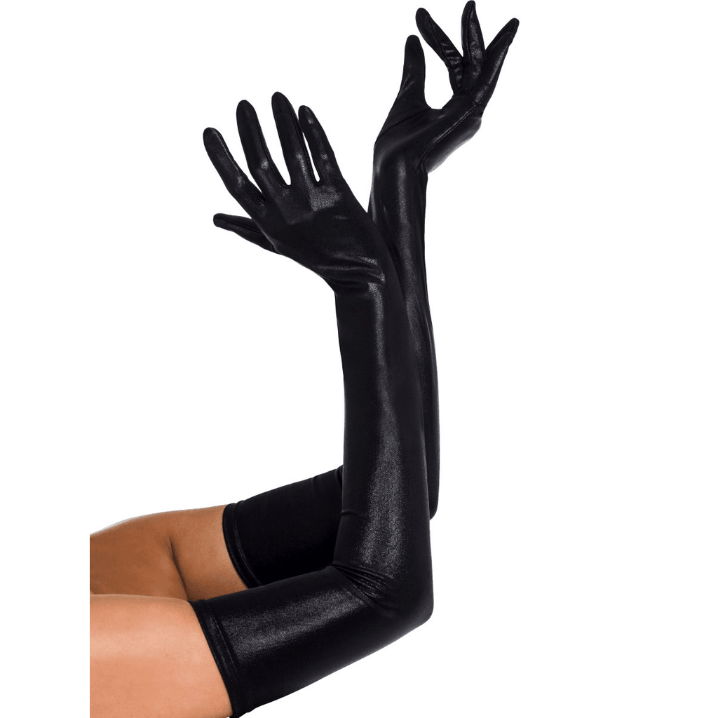 Black Wet Look Elbow Length Gloves