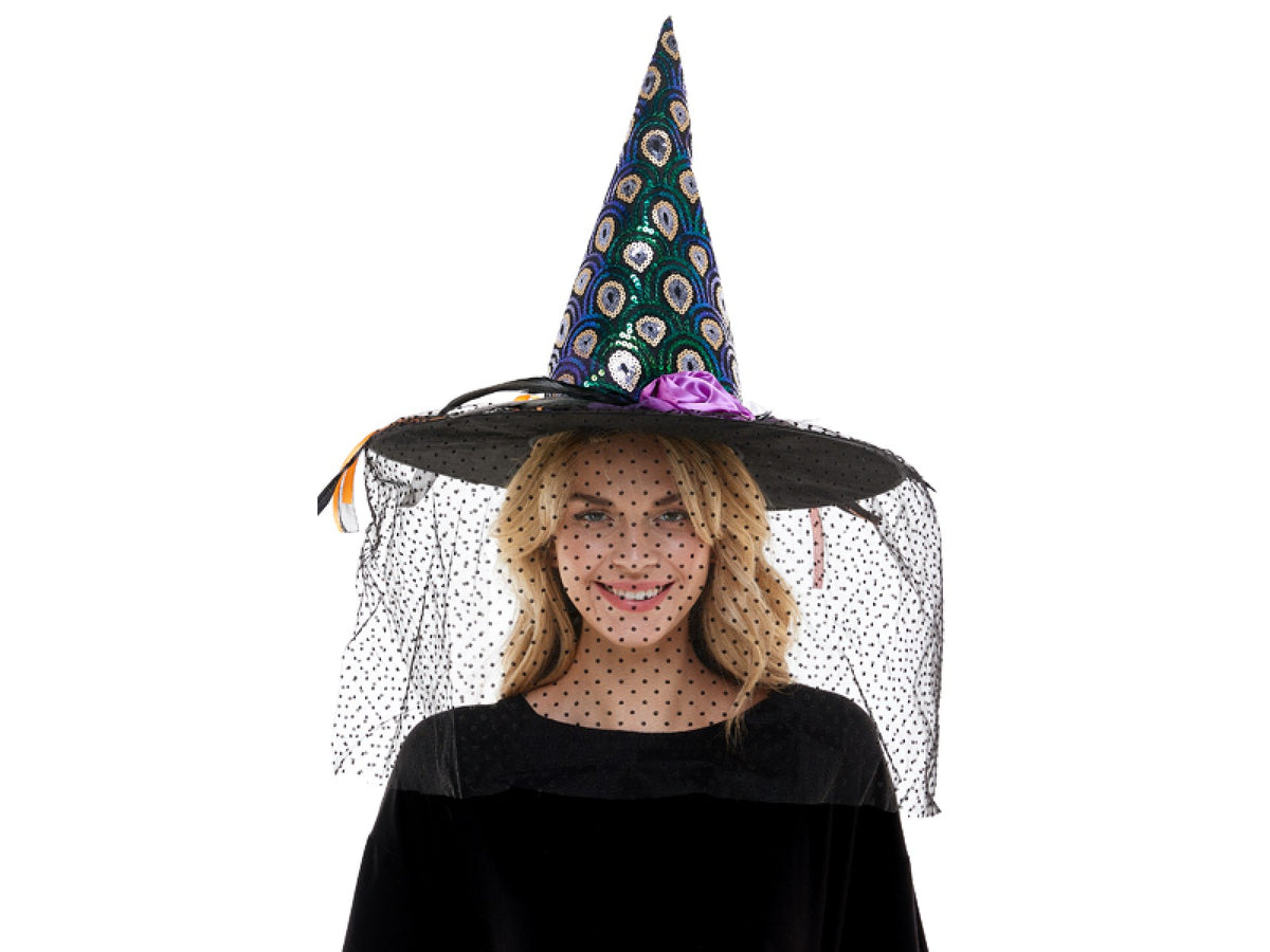 Veiled Sequin Witch Hat
