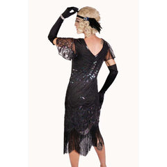 Black Beaded Flapper Dress w/ Fringe