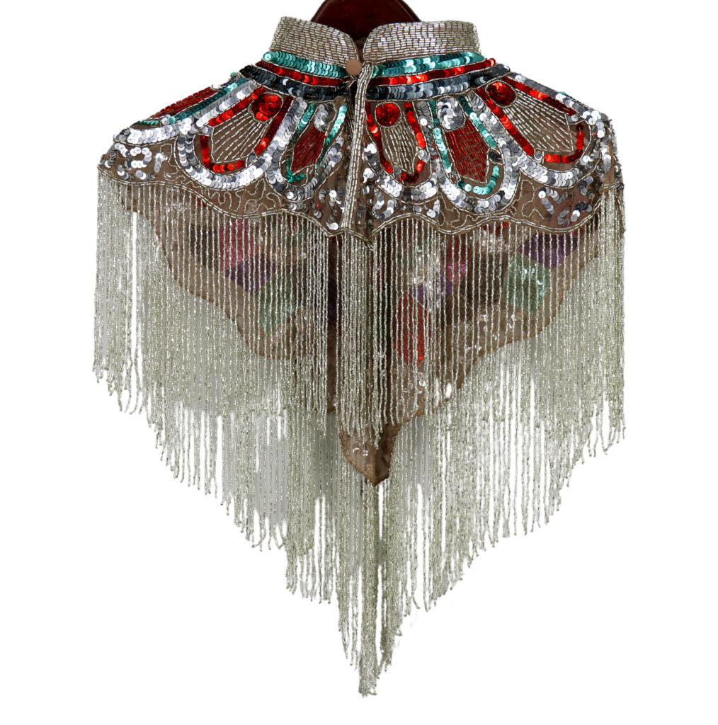 Beaded Multi-Color Cape with Collar and Silver Fringe