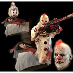 Clown Chainsaw Lunger Premium Animated Prop w/ Mangled Victim on Table