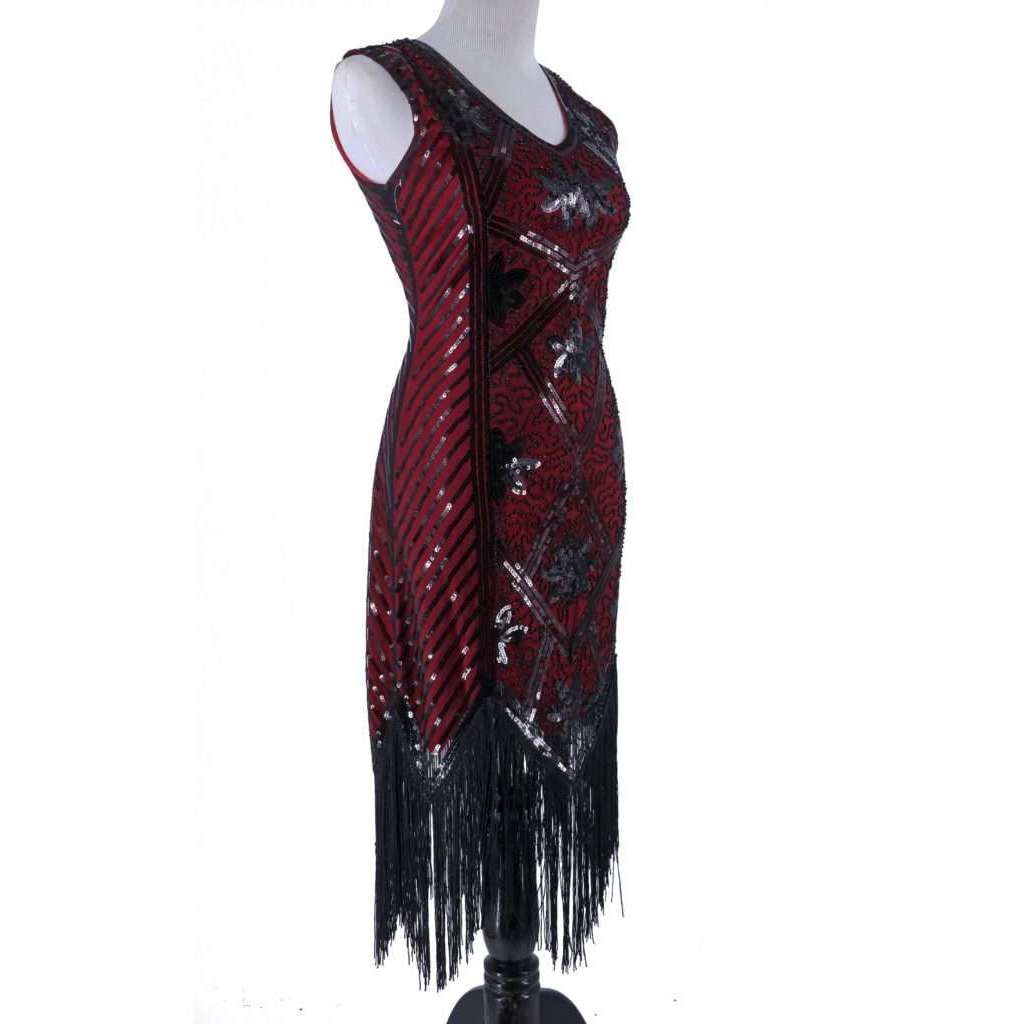 red beaded flapper dress BABEYOND Sequin Fringed Neck 1920s Costume Dance Dress, Golden Roaring 20s Fashion Gatsby Party Dresses, Red, Size 8
