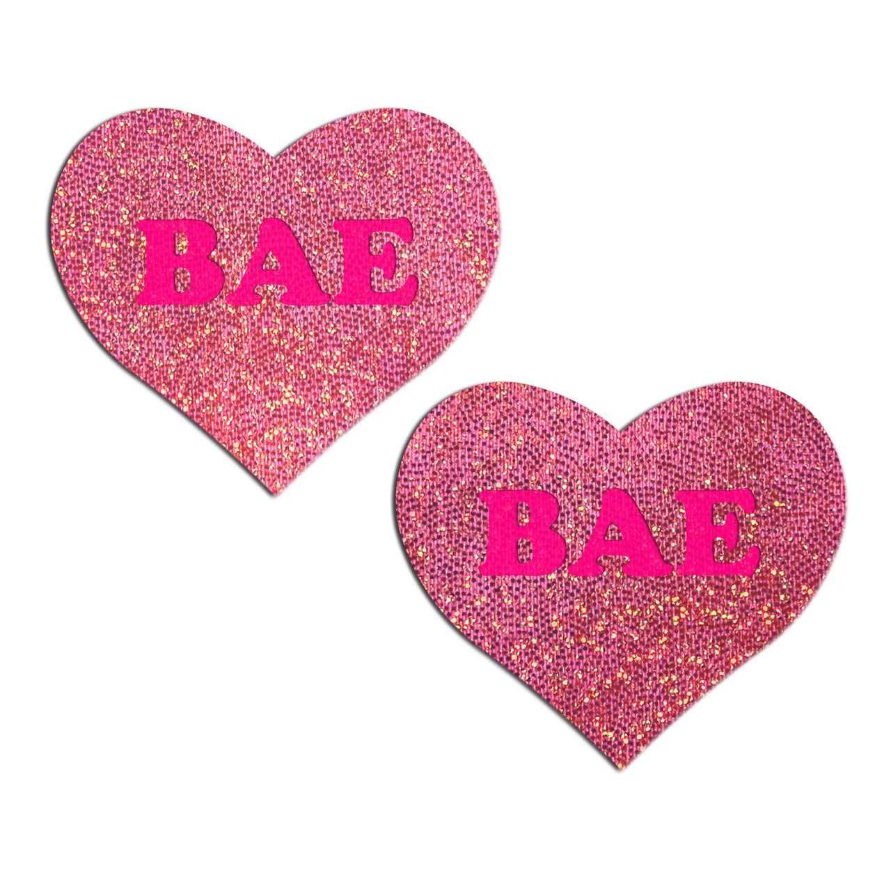 'BAE' in Neon Pink on Pink Glitter Heart Nipple Pasties