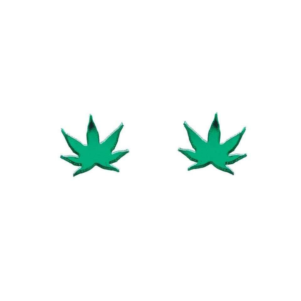 Marijuana Leaf Green Mirror Earrings