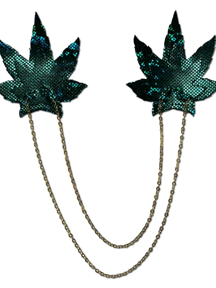 Chains: Shattered Glass Green Weed with Gold Chain Pasties