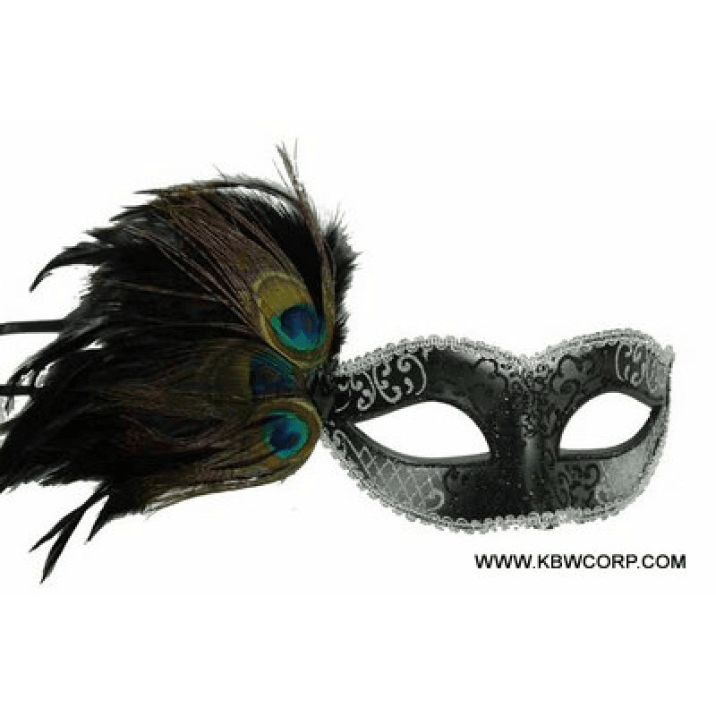 Black Venetian Mask with Peacock Aside