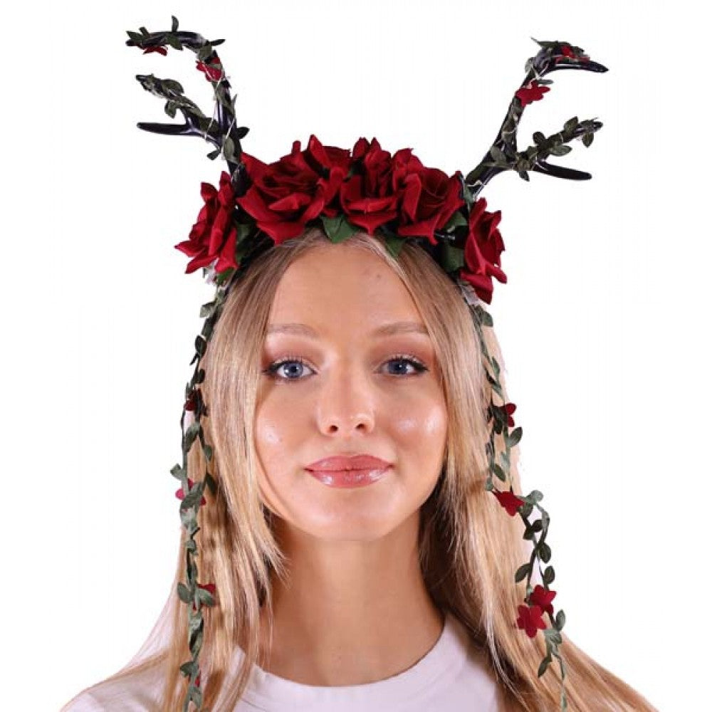 Black Antler Headband with Red Flowers
