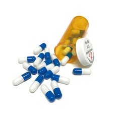 Fake Medicine Pill Capsules in 16 Dram Amber Plastic Medicine Vial with Lid - BLUE / WHITE - Blue / White Pills