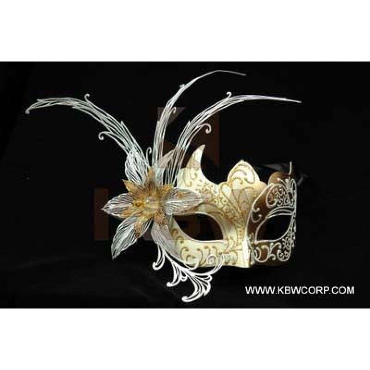 White/Gold Venetian Mask with Metal Laser Cut Flower