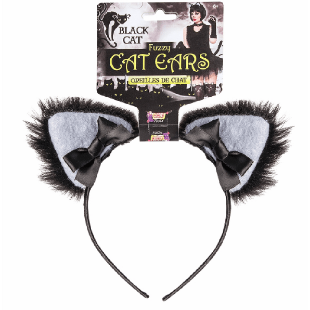 Furry Black Cat Ear Headband w/ Black Bows