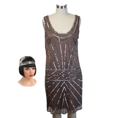 1920s Beaded Starburst Flapper Dress w Pearls & Feather Headpiece