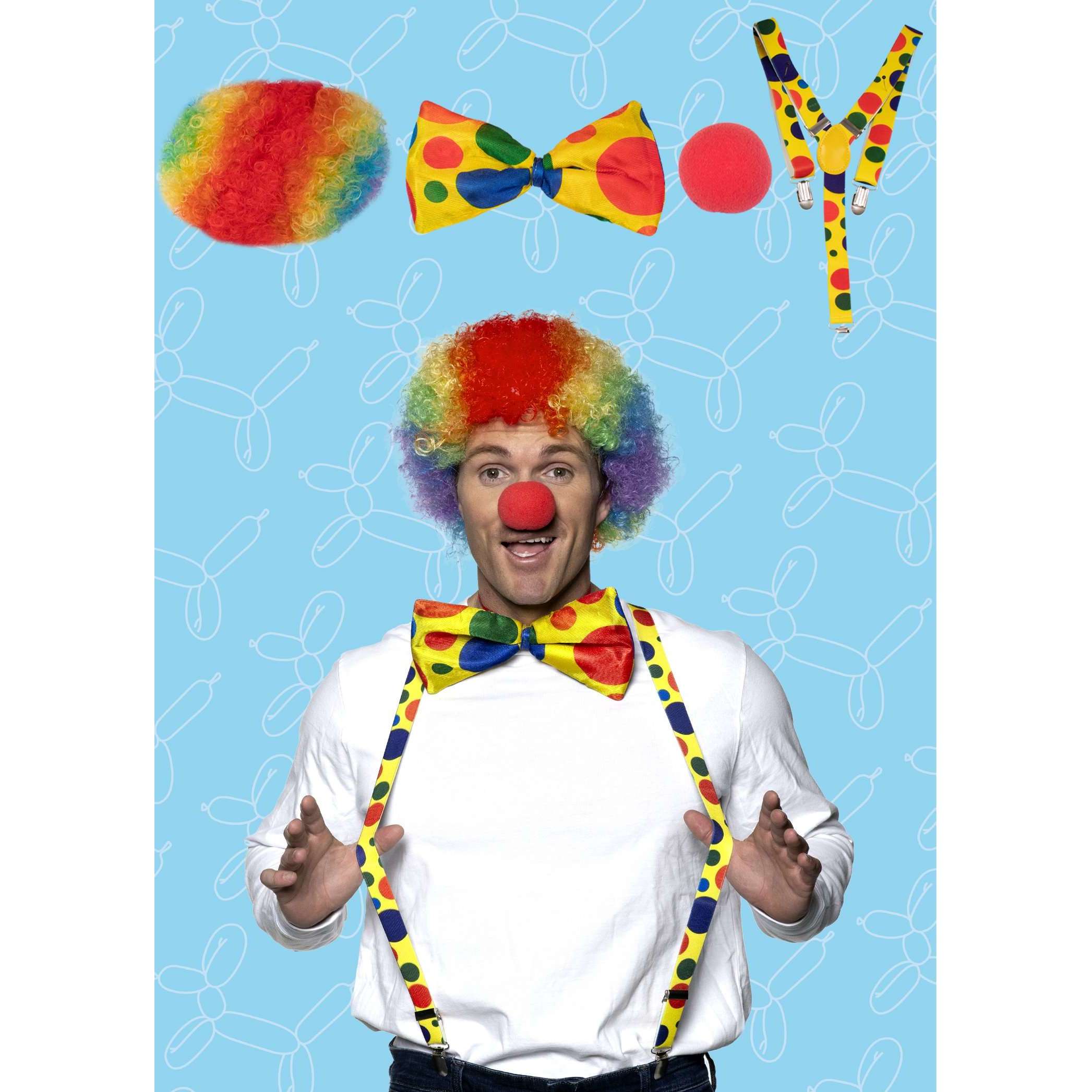 Clown Accessory Kit w/ Wig, Nose, Suspenders & Bow-Tie