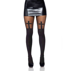 Black Opaque Bless Me Cross Tights with Sheer Thigh Accent