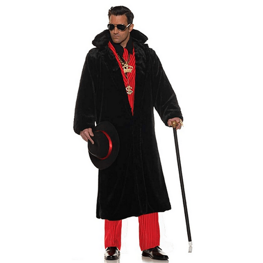 Black Pimp Full Length Plush Coat Men's Adult Costume