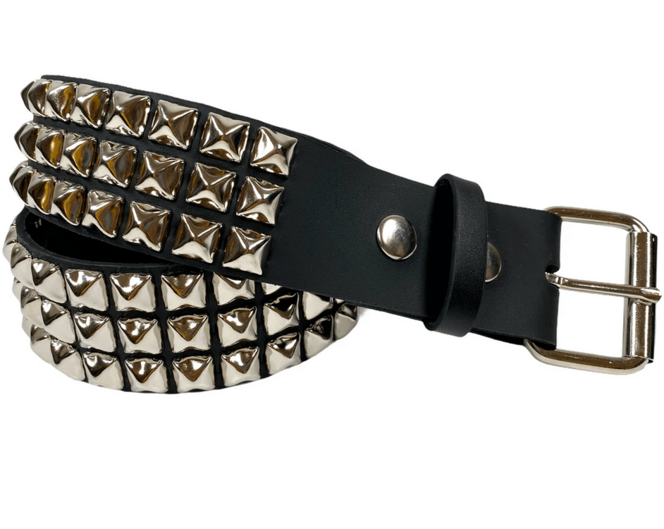 Black Leather Triple Row Pyramid Studded Belt