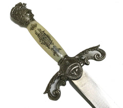 14 Inch Blunt Edged Medieval Dagger Metal Prop - Ivory Scrimshaw Design with Sheath