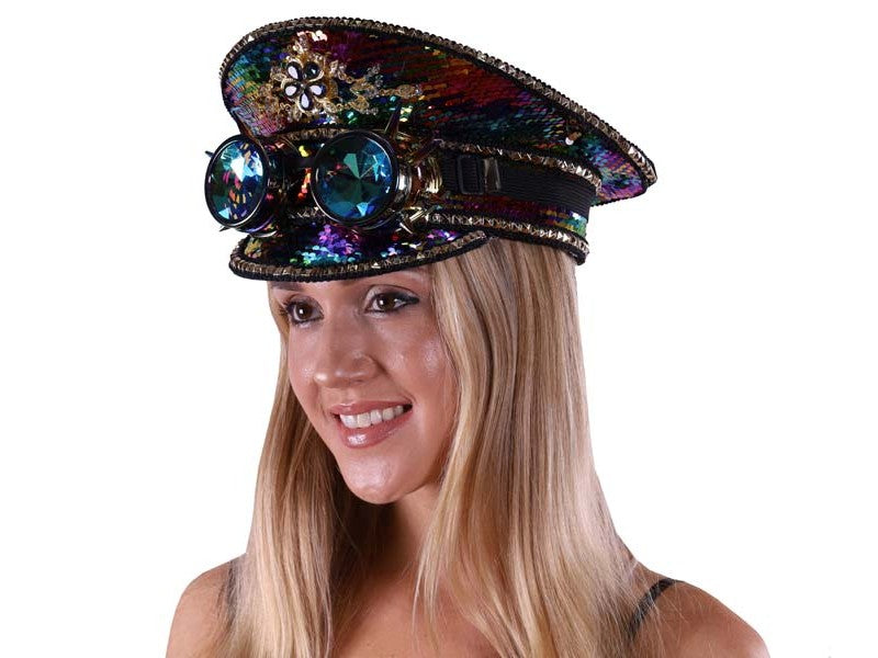 Burning Man Rainbow Sequin Hat w/ Spiked Goggles