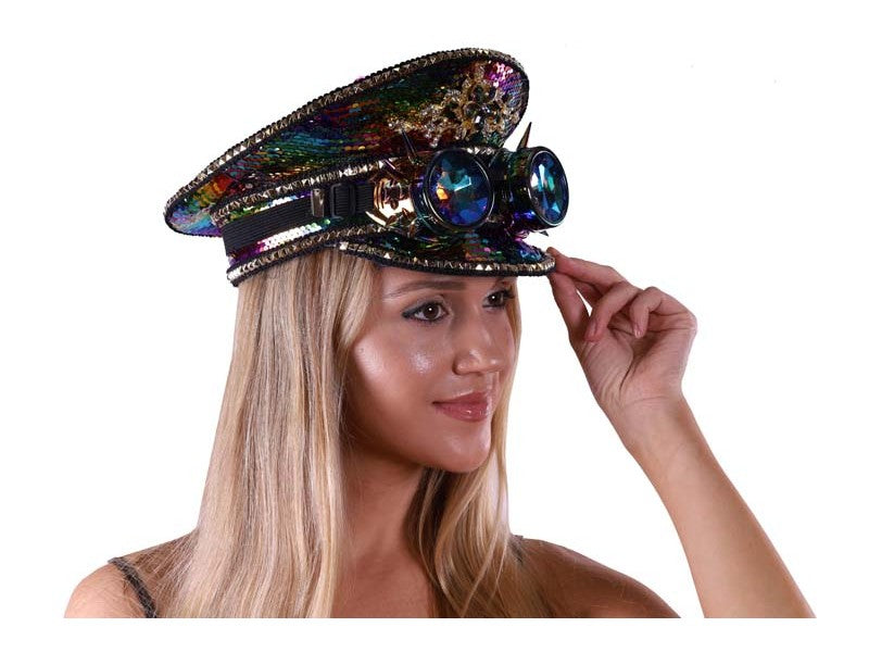 Burning Man Rainbow Sequin Hat w/ Spiked Goggles